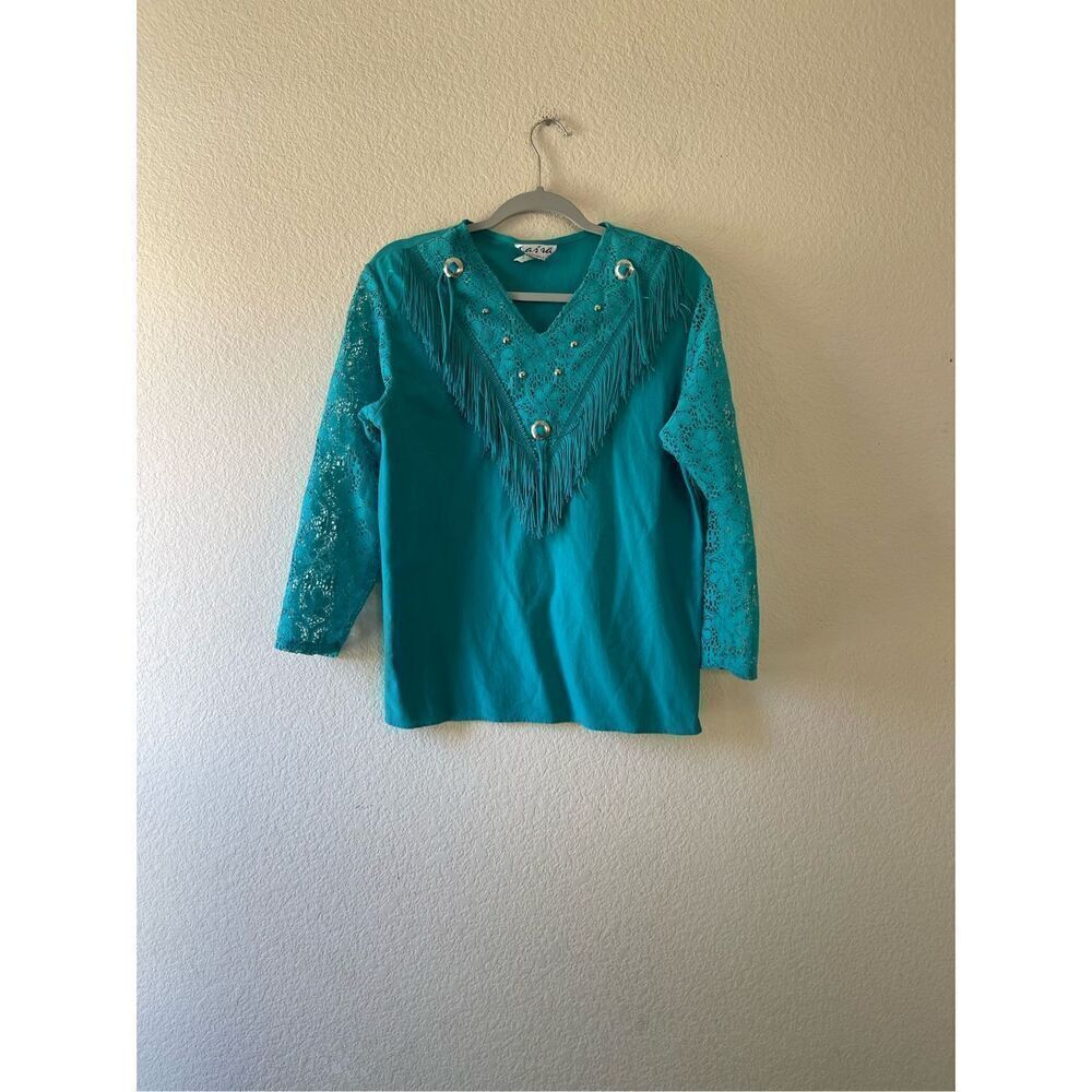 Vintage tassel‎ and lace 80s western boho blouse size medium